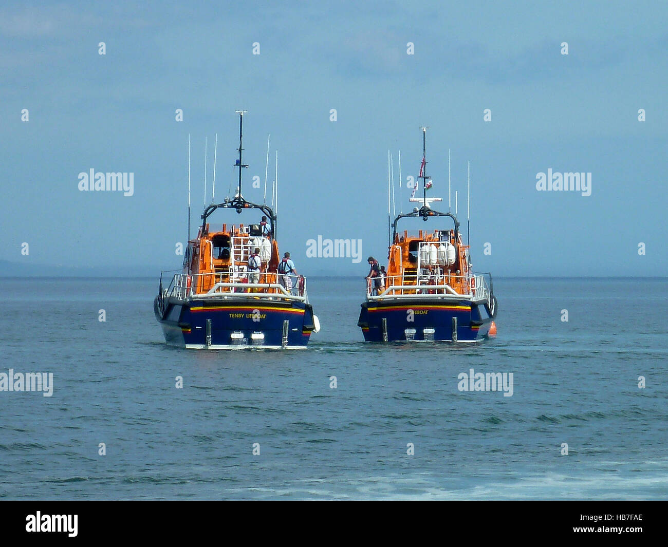 Tamar class lifeboats 16-01 and 16-12 together at Tenby Stock Photo
