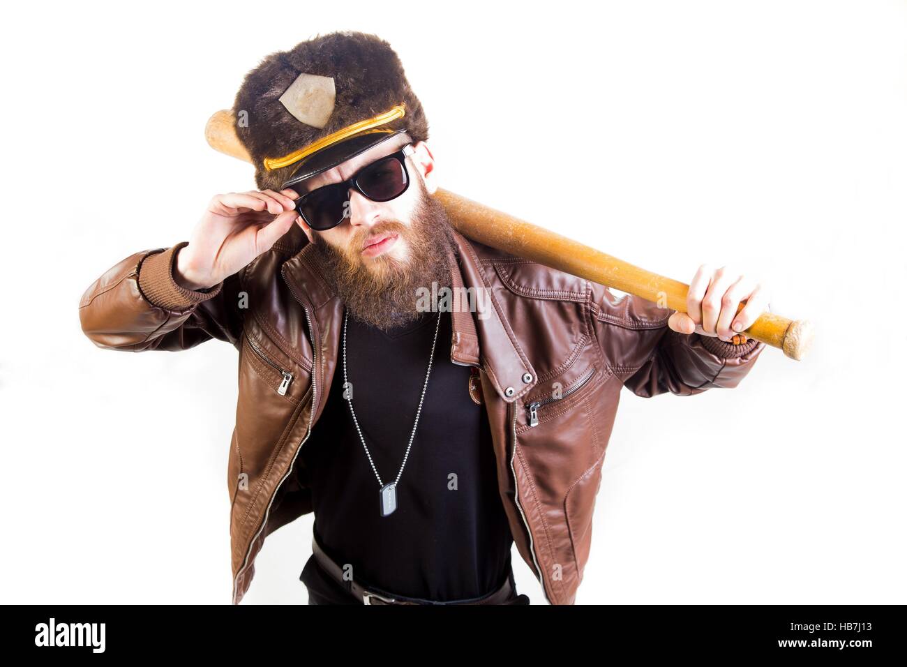 Weird cop with sunglasses holding a baseball bat on white background