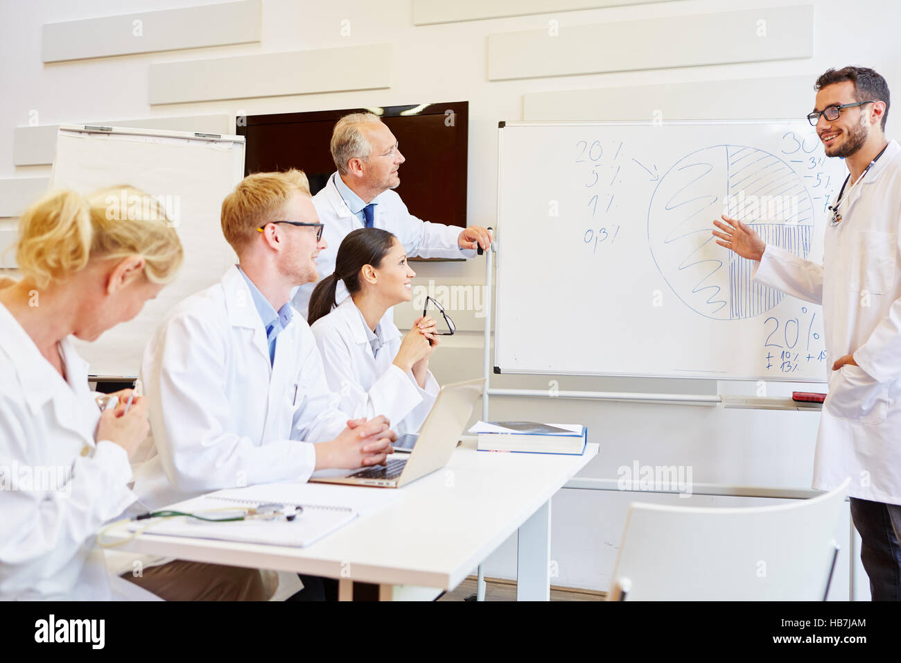 Doctors in training during seminar with flipchart Stock Photo