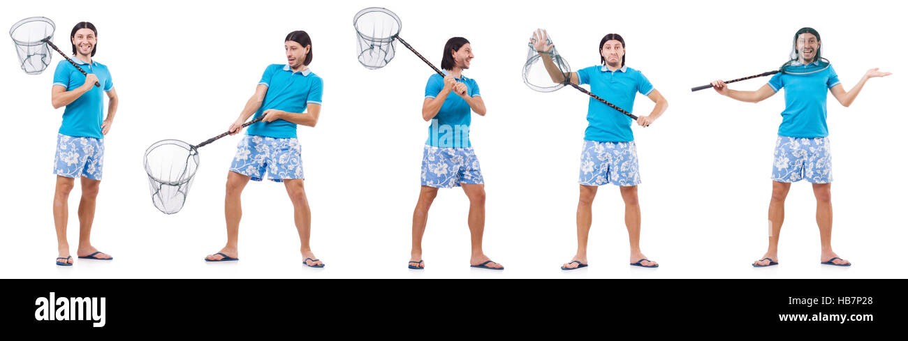 Man with big catching net isolated on white Stock Photo - Alamy
