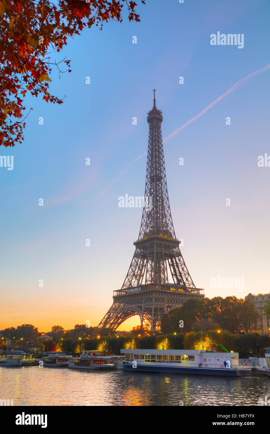 Cityscape with the Eiffel tower in Paris, France at sunrise Stock Photo