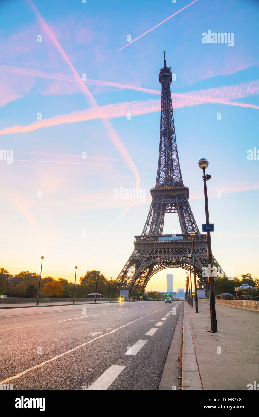 Cityscape with the Eiffel tower in Paris, France at sunrise Stock Photo
