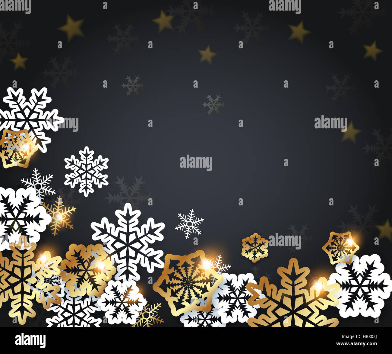Black Christmas background with golden and white paper snowflakes ...