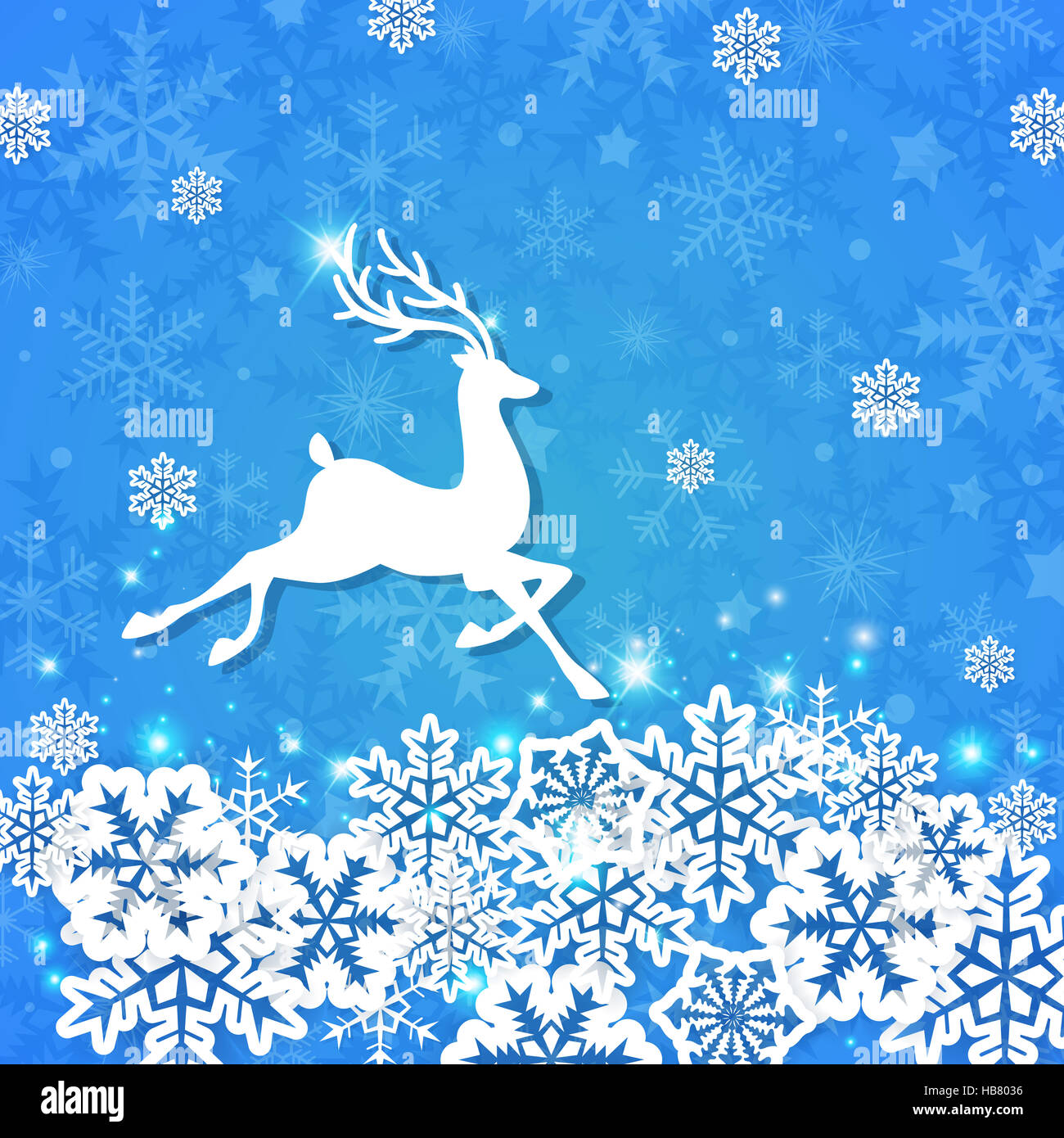 Blue Christmas background with white cut from paper deer and snowflakes ...