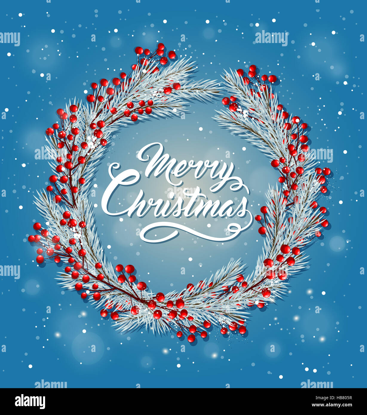 Decorative Christmas wreath with red berries and fir branches on a blue ...