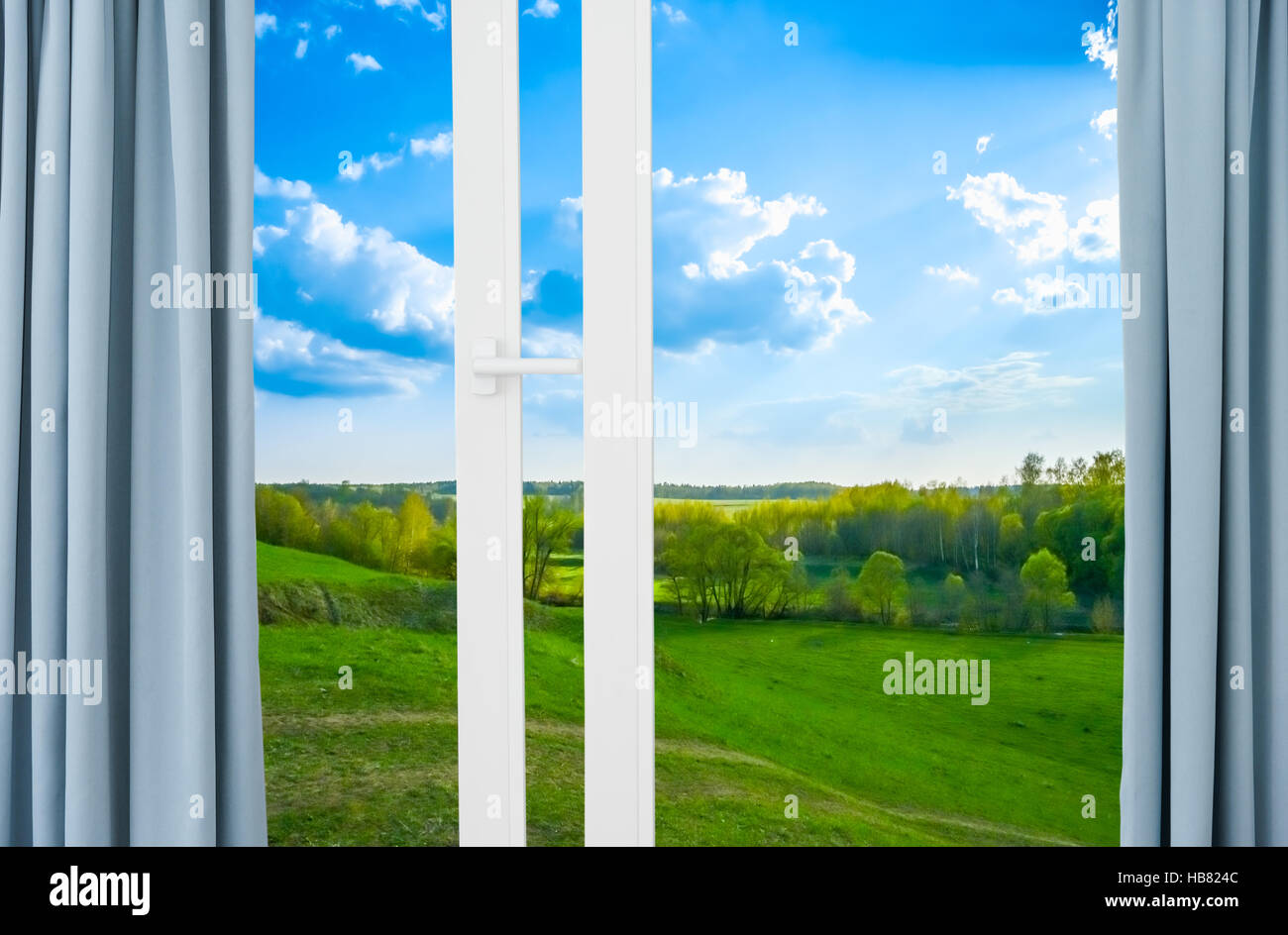 nature landscape with window with curtains Stock Photo - Alamy