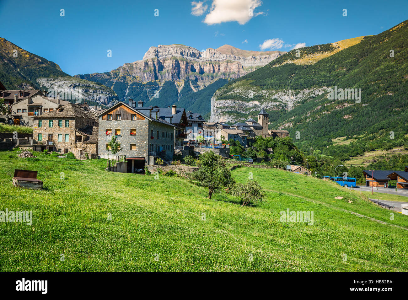 Torla town in Ordesa National pakr in the spanish pyrenees. Stock Photo