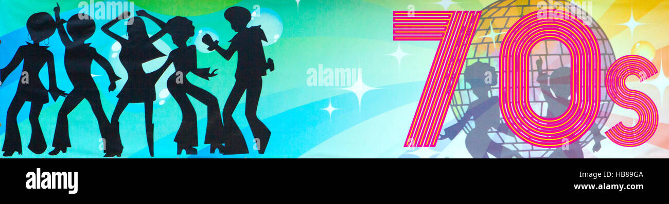 1970's style disco 70's dance silhouetted figures dancing. Stock Photo