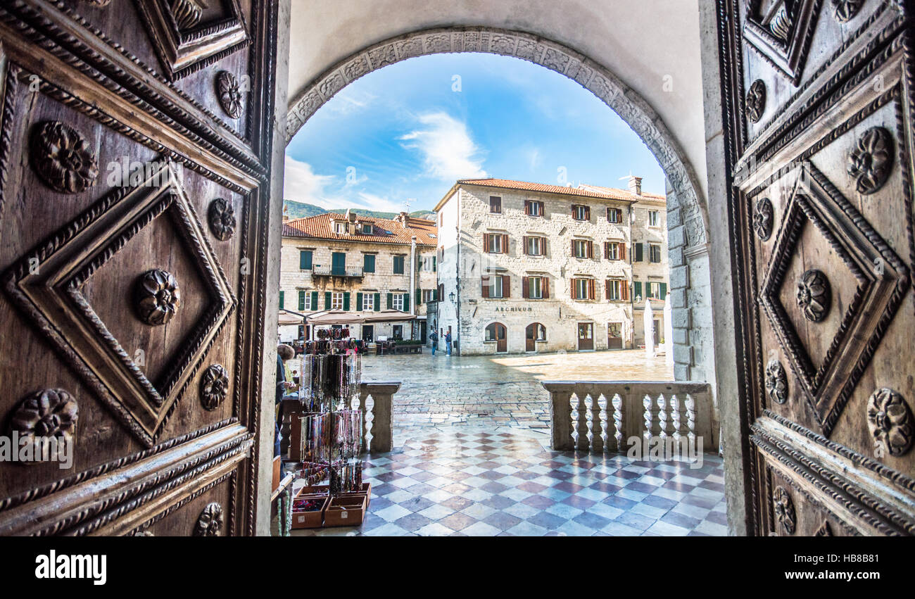 View through The Cathedral of Saint Tryphons door Stock Photo