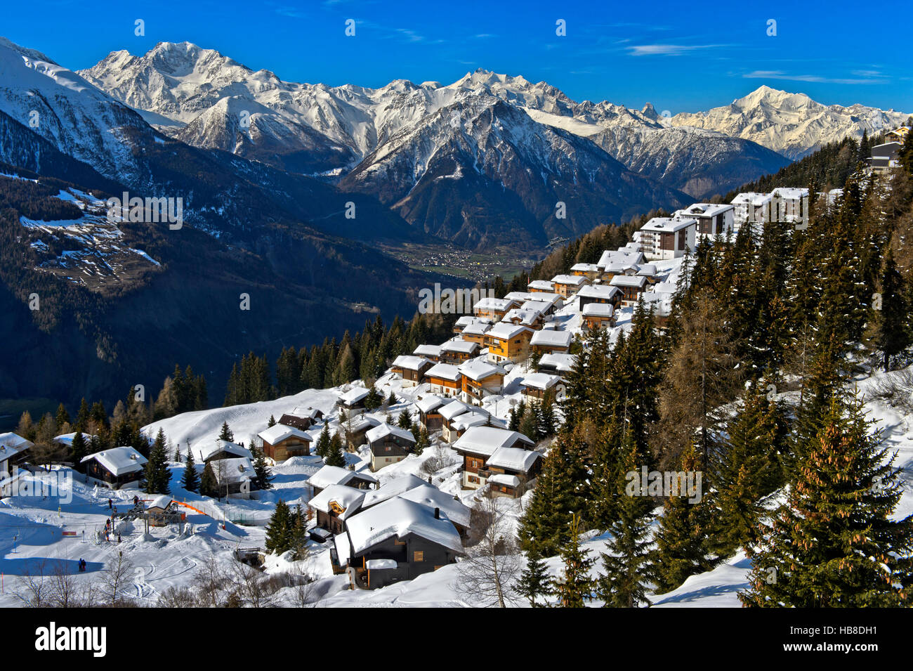 Bettmeralp under a thick blanket of snow with Weisshorn, Valais Alps, Canton of Valais, Switzerland Stock Photo