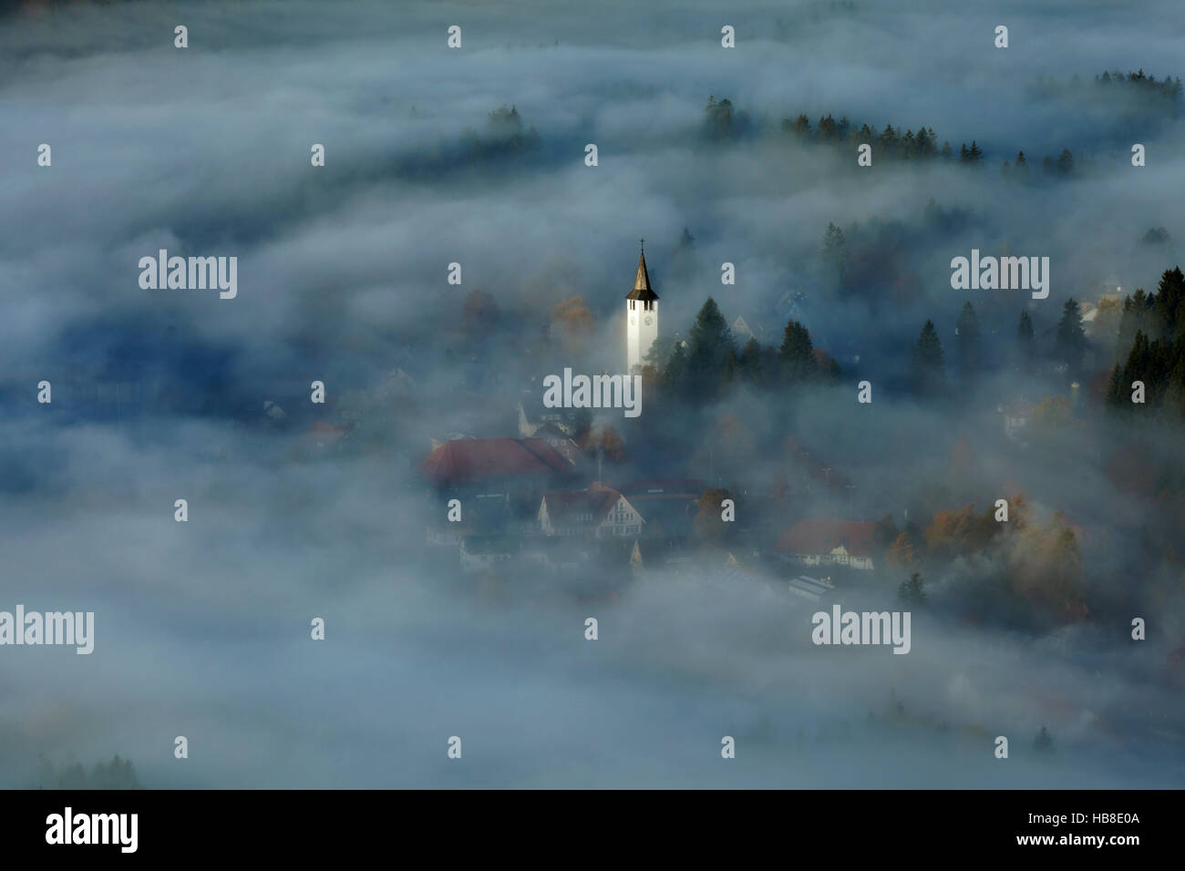 Christ the King Church in morning mist, Titisee-Neustadt, Black Forest, Baden-Wurtemberg, Germany Stock Photo