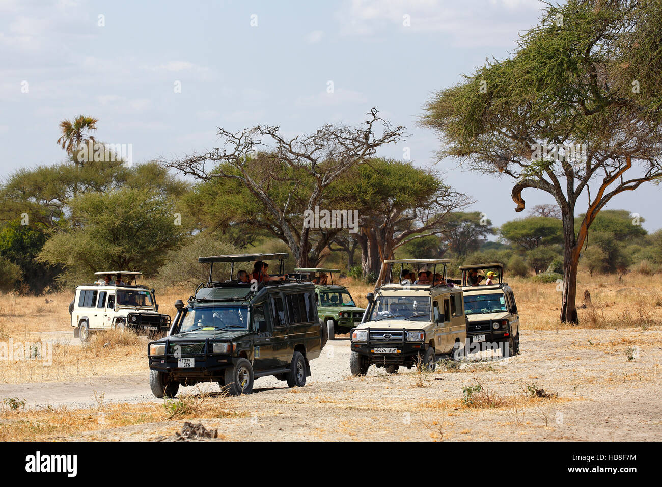 Tourists on safari, ATVs driving through bush, Ngorongoro, Serengeti National Park, Tanzania Stock Photo