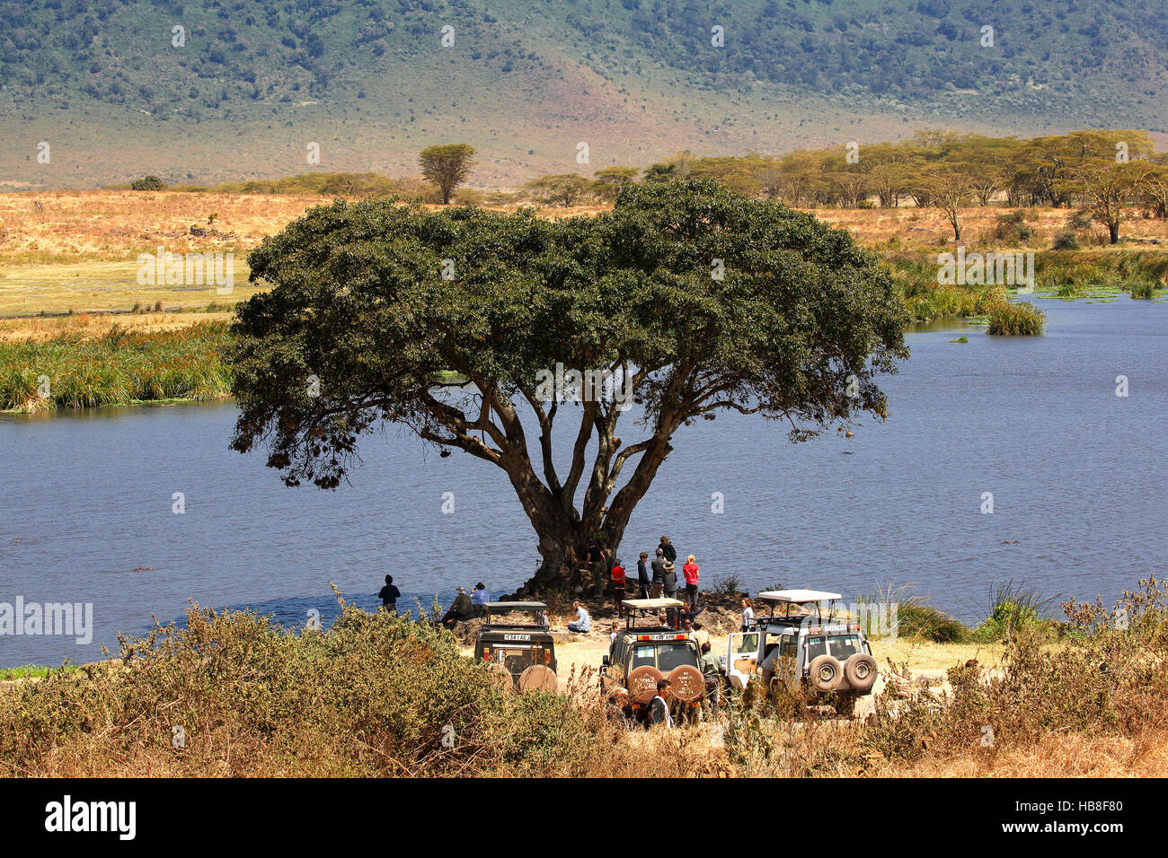 Tourists on safari, ATVs at rest area, Ngorongoro, Serengeti National Park, Tanzania Stock Photo