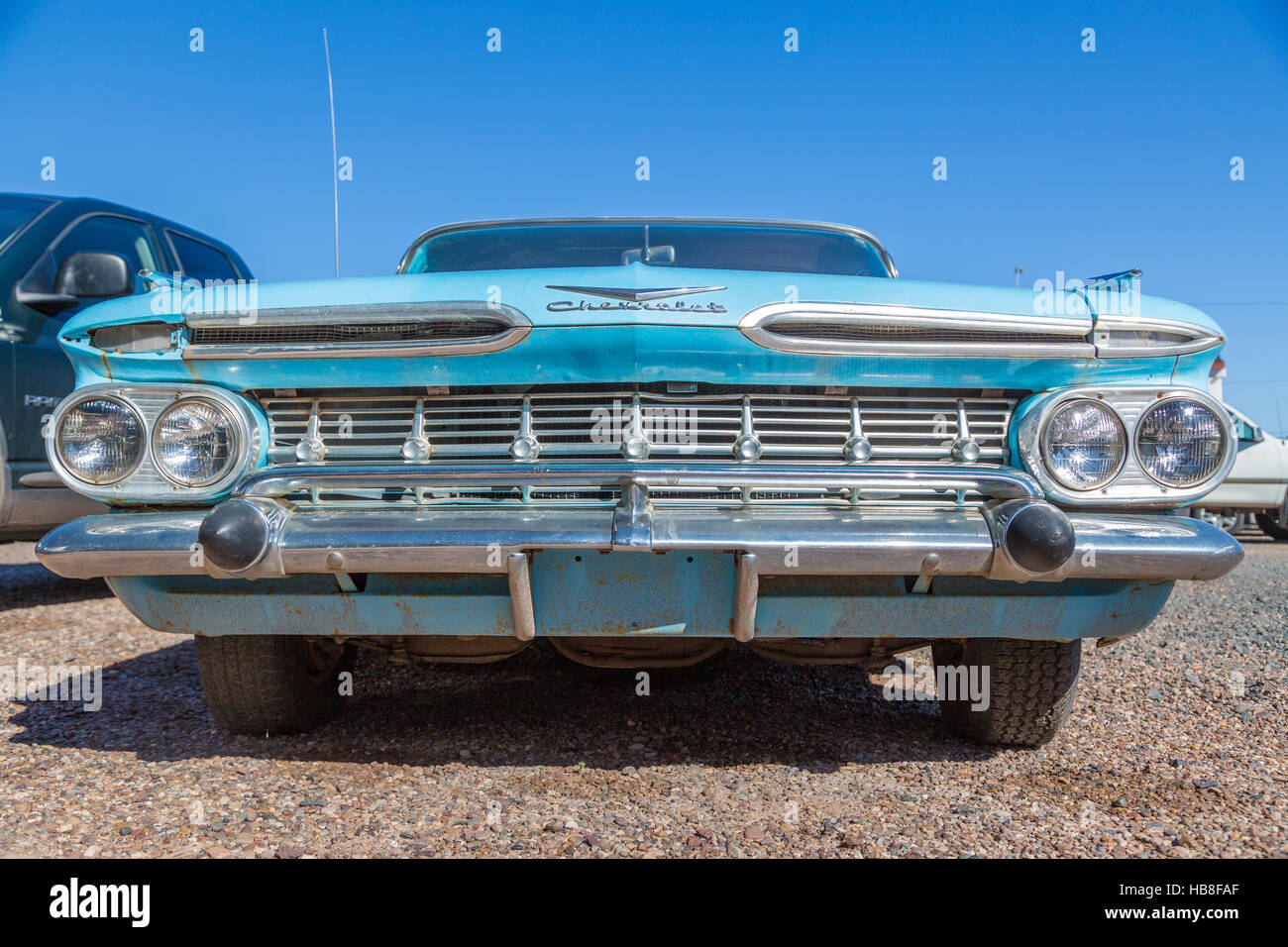 Oldtimer Chevrolet Impala, front grill, Holbrook, Arizona, USA Stock Photo