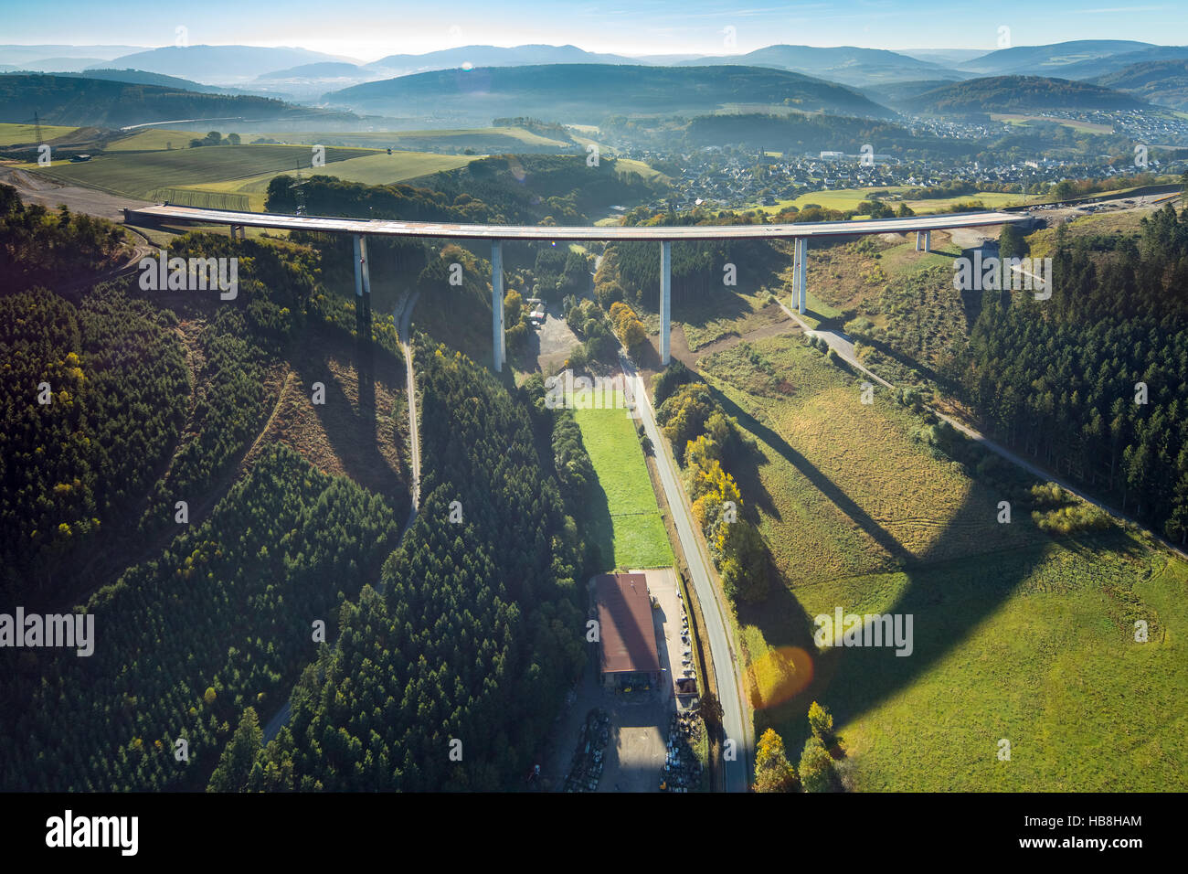 Aerial view, bridge construction highway bridge Nuttlar, highest highway bridge from NRW, highway construction site A46, Bestwig Stock Photo