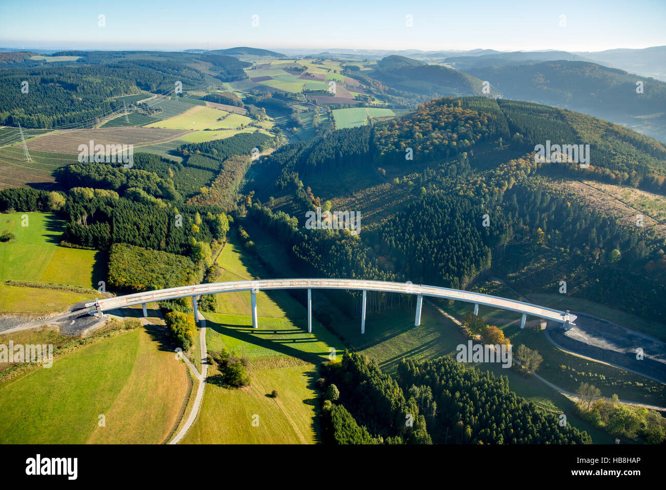 Aerial view, bridge construction highway bridge Nuttlar, highest highway bridge from NRW, highway construction site A46, Bestwig Stock Photo