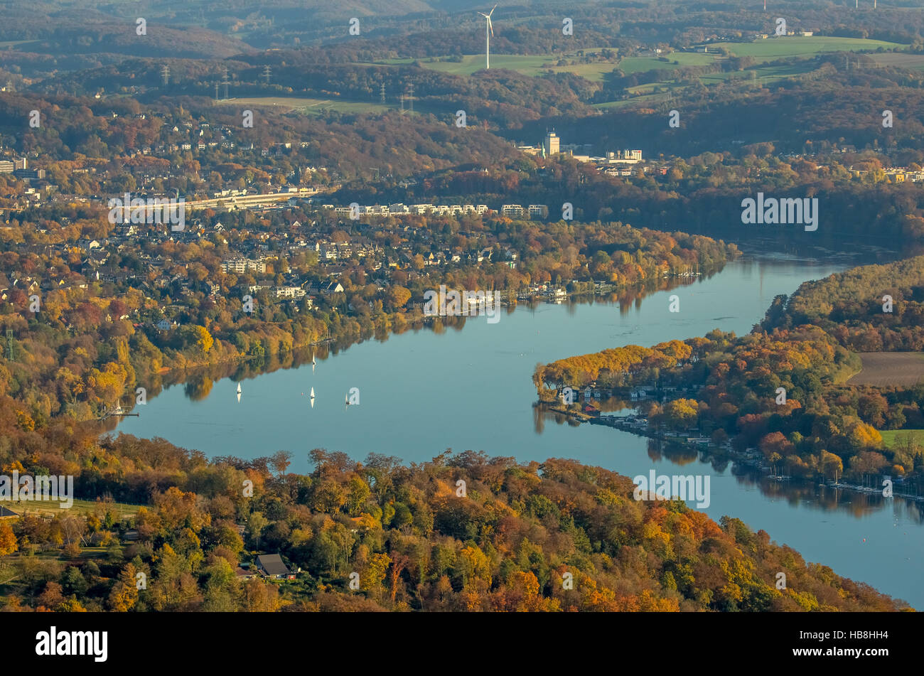 Aerial view, autumnal leaves at Baldeneysee, lake Baldeney, Essen, Ruhr area, North Rhine-Westfalia, Germany, Europe, Aerial Stock Photo