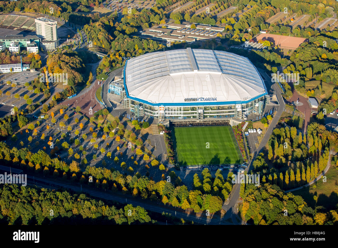 Aerial view, Veltins Arena, Arena AufSchalke in Gelsenkirchen is the stadium of the German Bundesliga club FC Schalke 04, Stock Photo