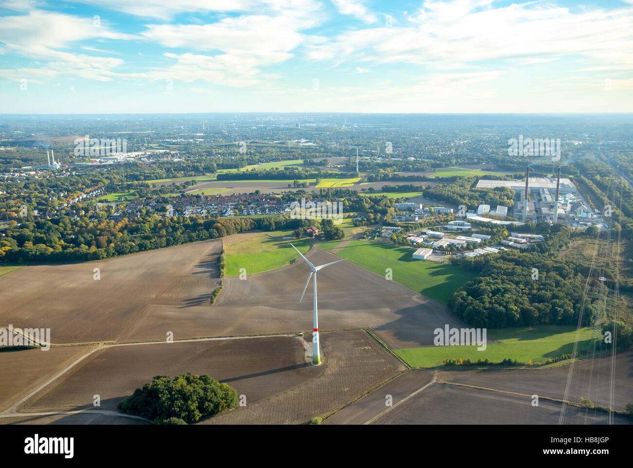 Aerial view, wind turbines near residential areas Rentfort, Gladbeck, Ruhr area, North Rhine-Westfalia, Germany, Europe, Aerial Stock Photo
