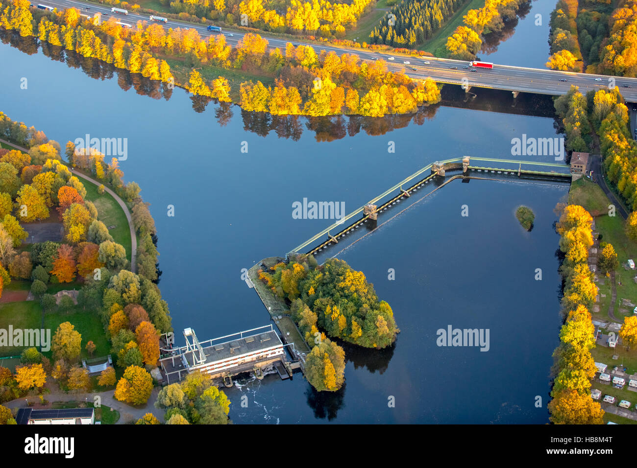 Aerial view, Ruhr confluence Volme: power plant and dam pin mill with fish ladders and lock, Herdecke, Ruhr, Stock Photo