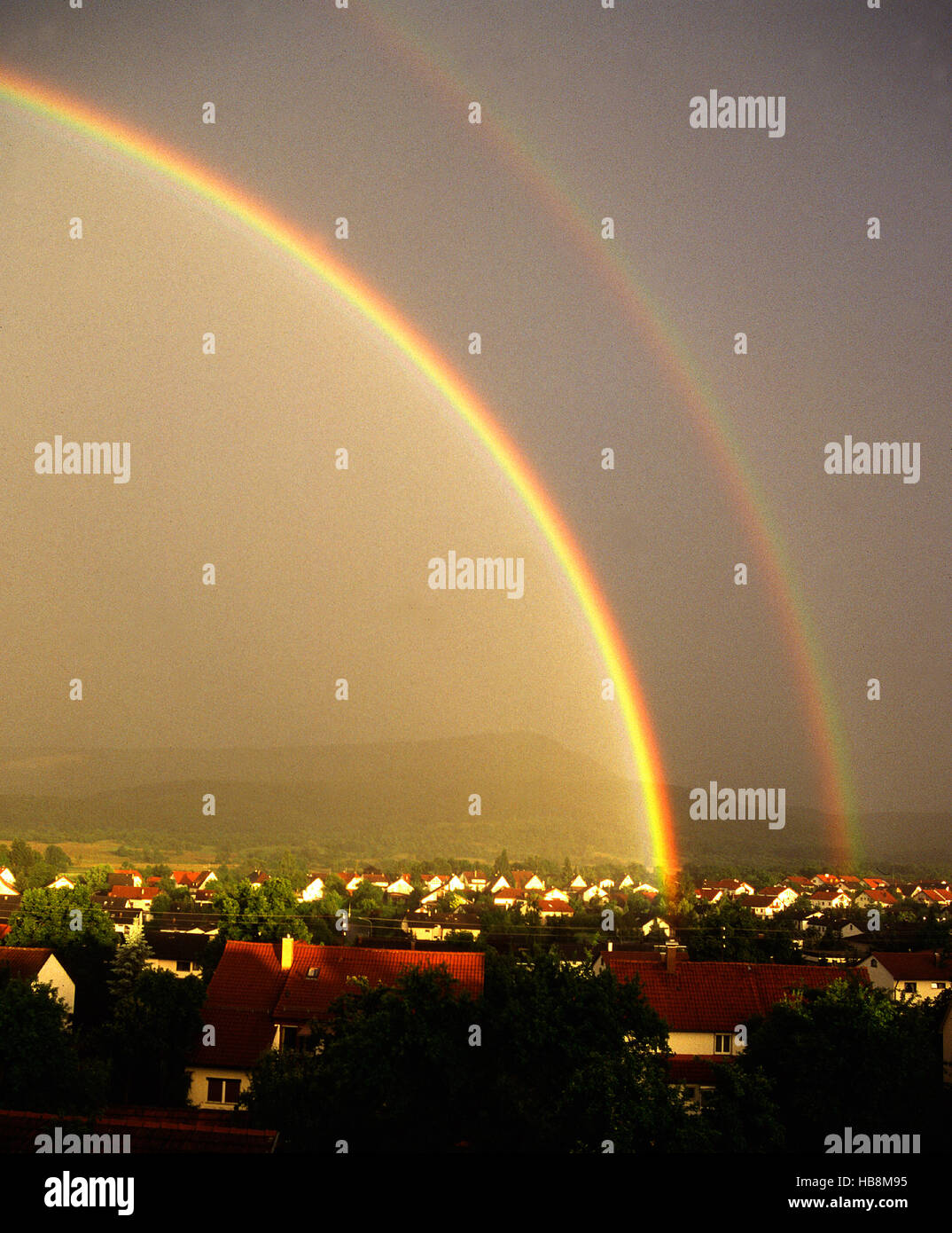 Rainbow over the swabian alb, Germany Stock Photo
