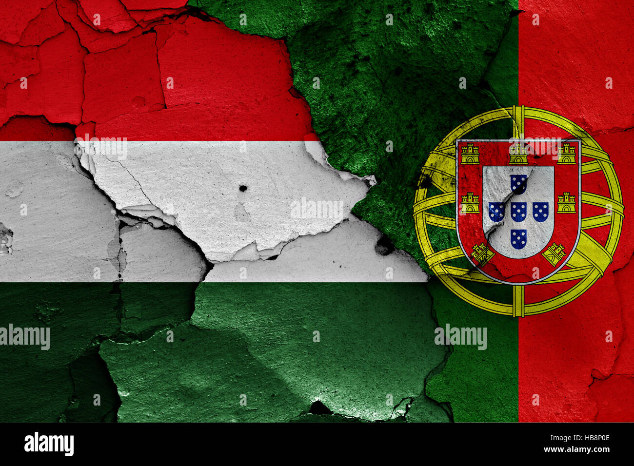 flags of Hungary and Portugal painted on cracked wall Stock Photo - Alamy