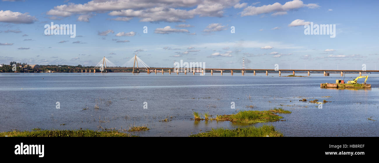 San Roque Gonzalez de Santa Cruz Bridge on the Parana River seen from Posadas, Argentina Stock Photo