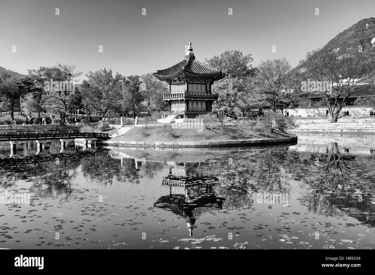 Scene at Gyeongbokgung Palace in autumn, Seoul, South Korea In black and white Stock Photo