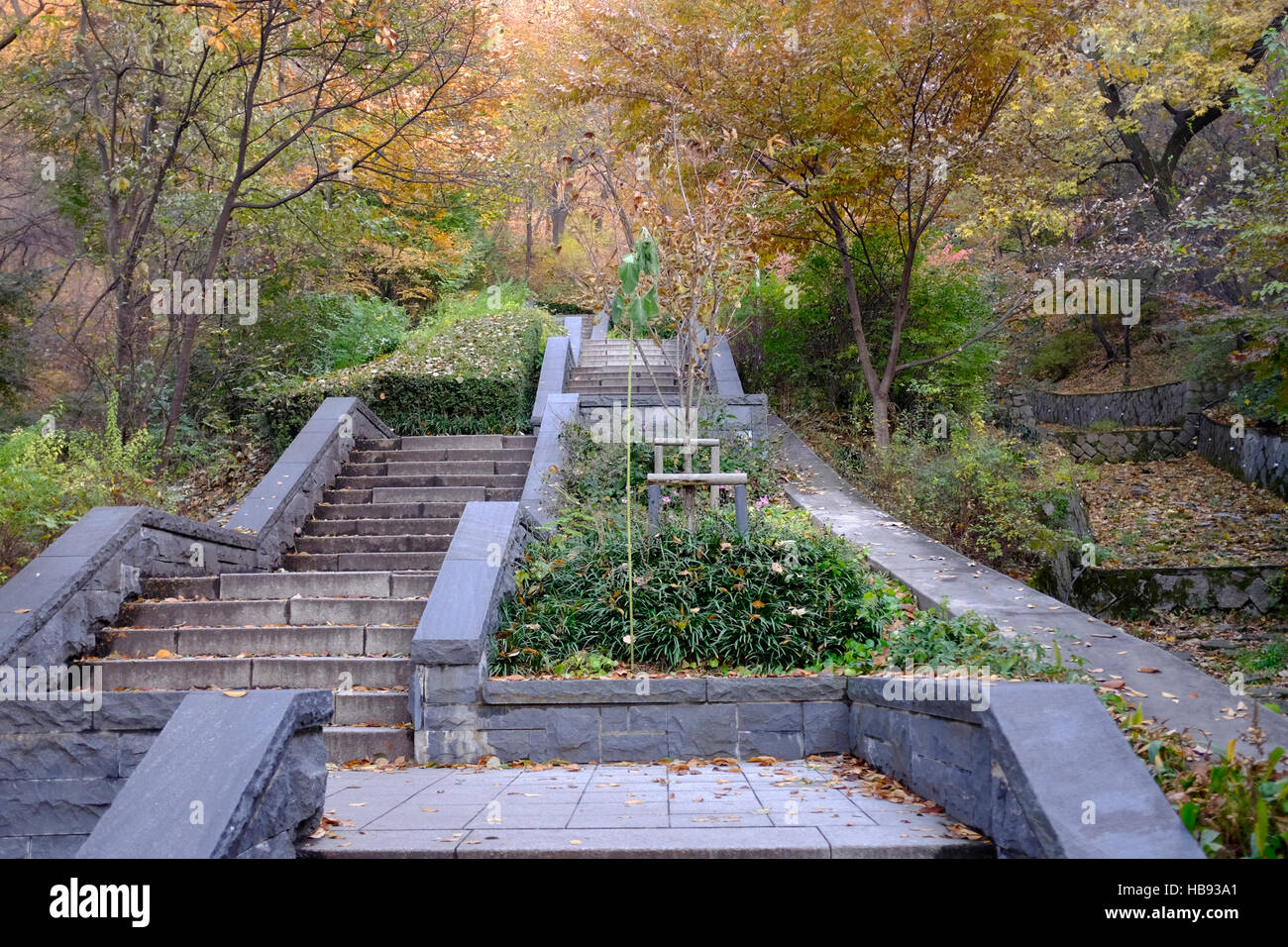 Steps leading up Namsan Mountain to the N Seoul Tower in Seoul, South Korea Stock Photo