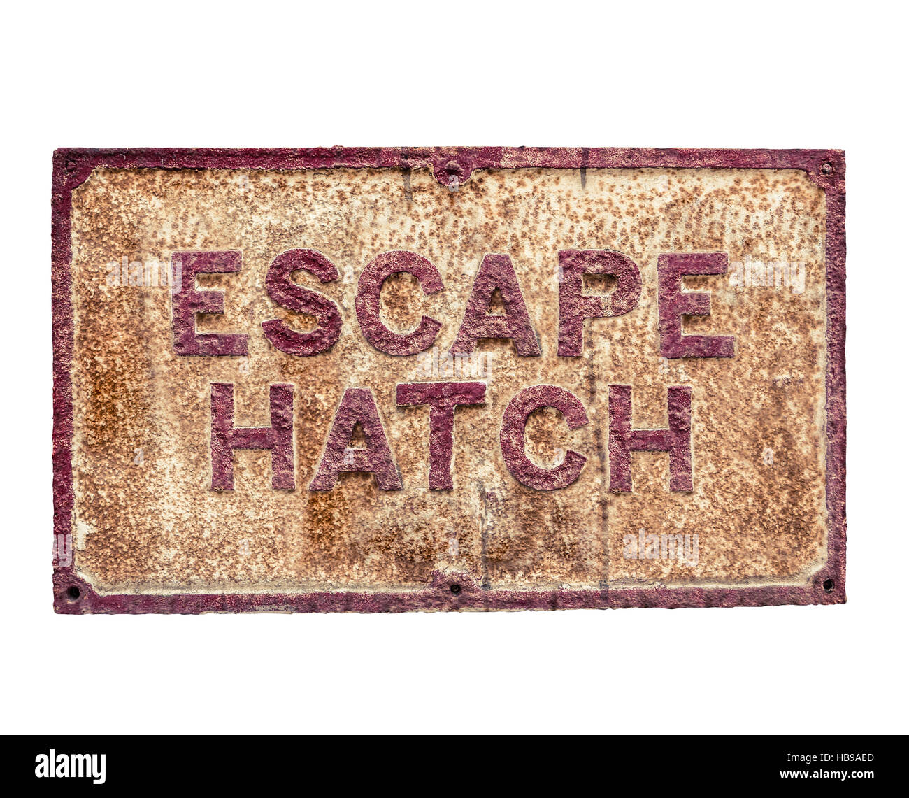 Rusty Emergency Escape Hatch Sign Stock Photo