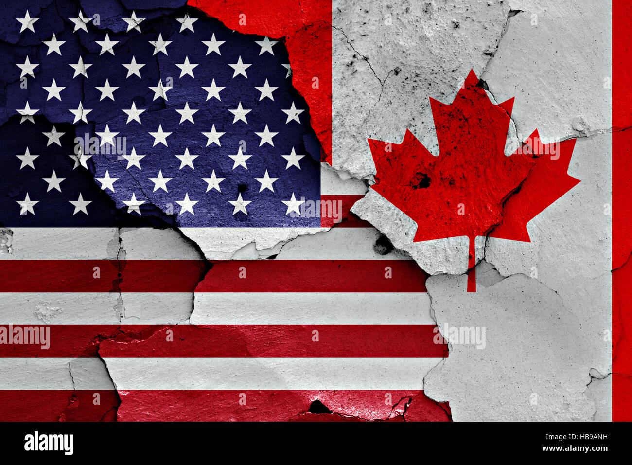 flags of USA and Canada painted on cracked wall Stock Photo - Alamy