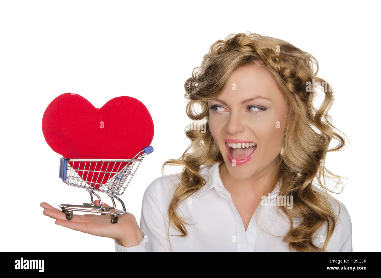 beautiful woman with heart in shopping cart Stock Photo Alamy