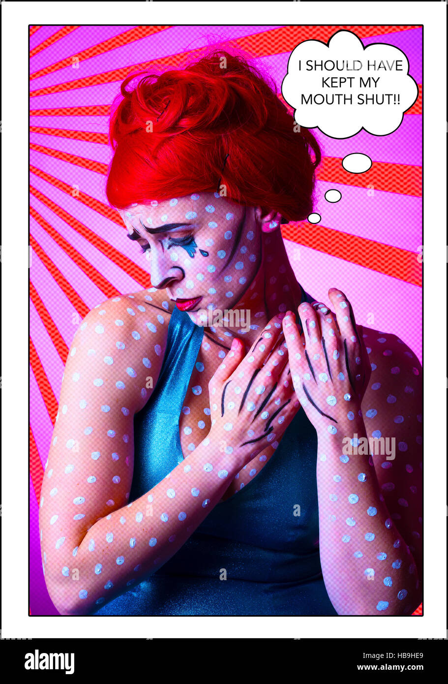 Portrait in pop art comic strip style featuring sad red haired woman with white dots, blue tears and contouring on skin Stock Photo
