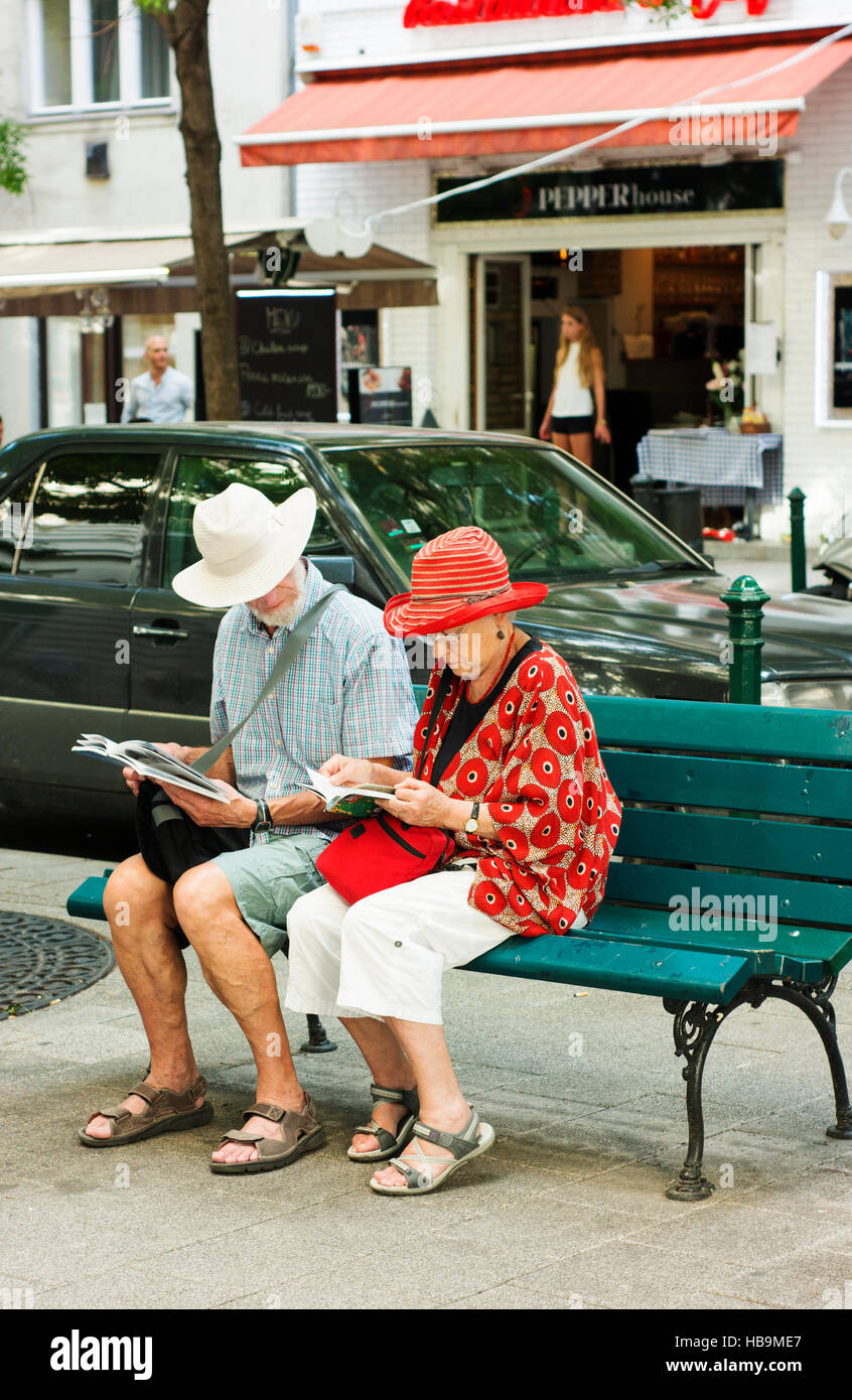 Mature tourists check their maps and guides in Budapest. Stock Photo