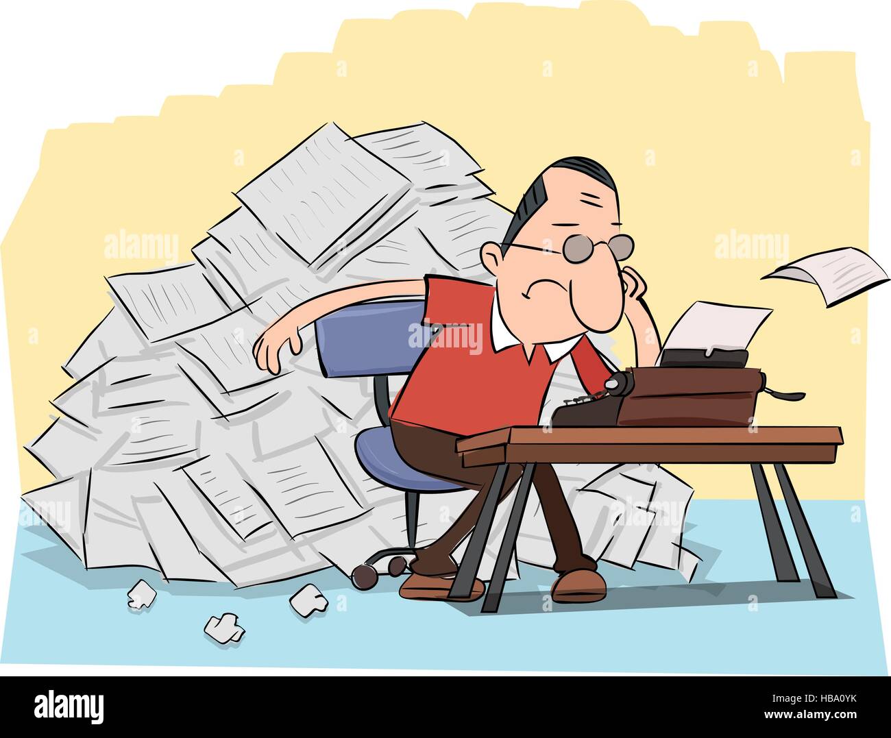 cartoon writer with typewriter and pile of paper. Stock Vector