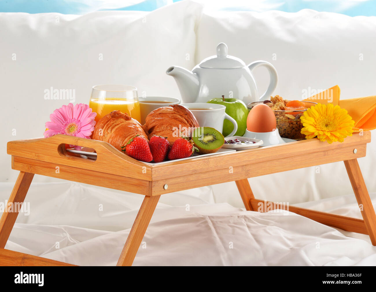 Breakfast tray in bed in hotel room Stock Photo Alamy