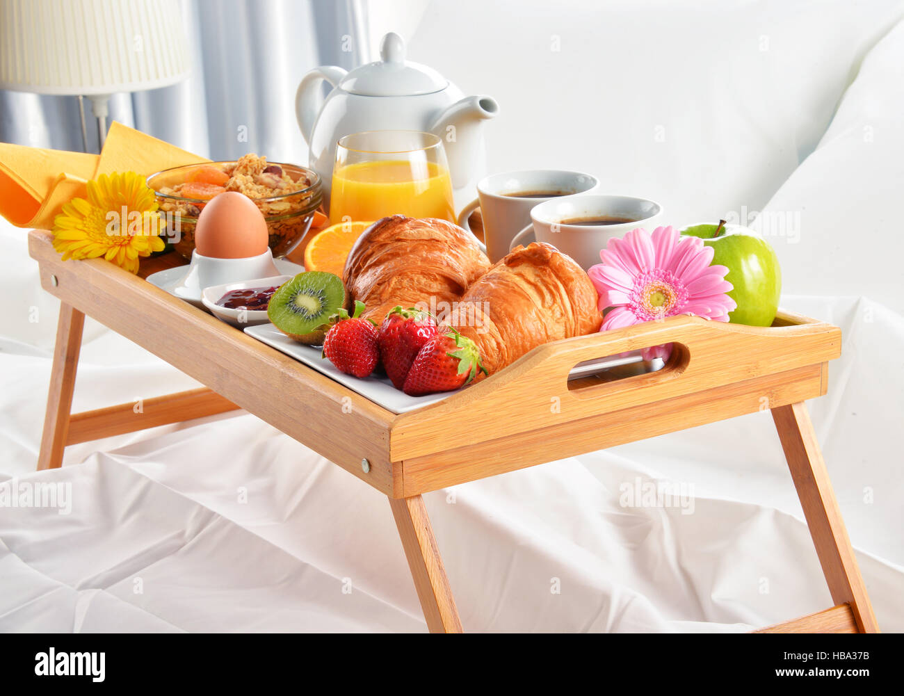 Breakfast tray in bed in hotel room Stock Photo Alamy