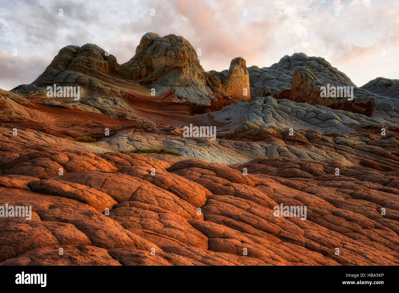 Sunset glow on the cross bedding brain rock and sandstone formations in Arizona's remote White Pocket and Vermilion Cliffs National Monument. Stock Photo