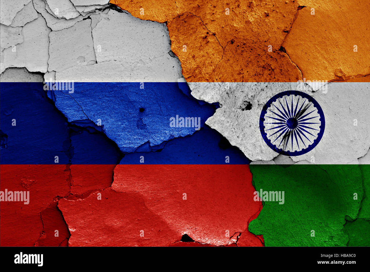 Flags Of Russia And India Painted On Cracked Wall Stock Photo - Alamy