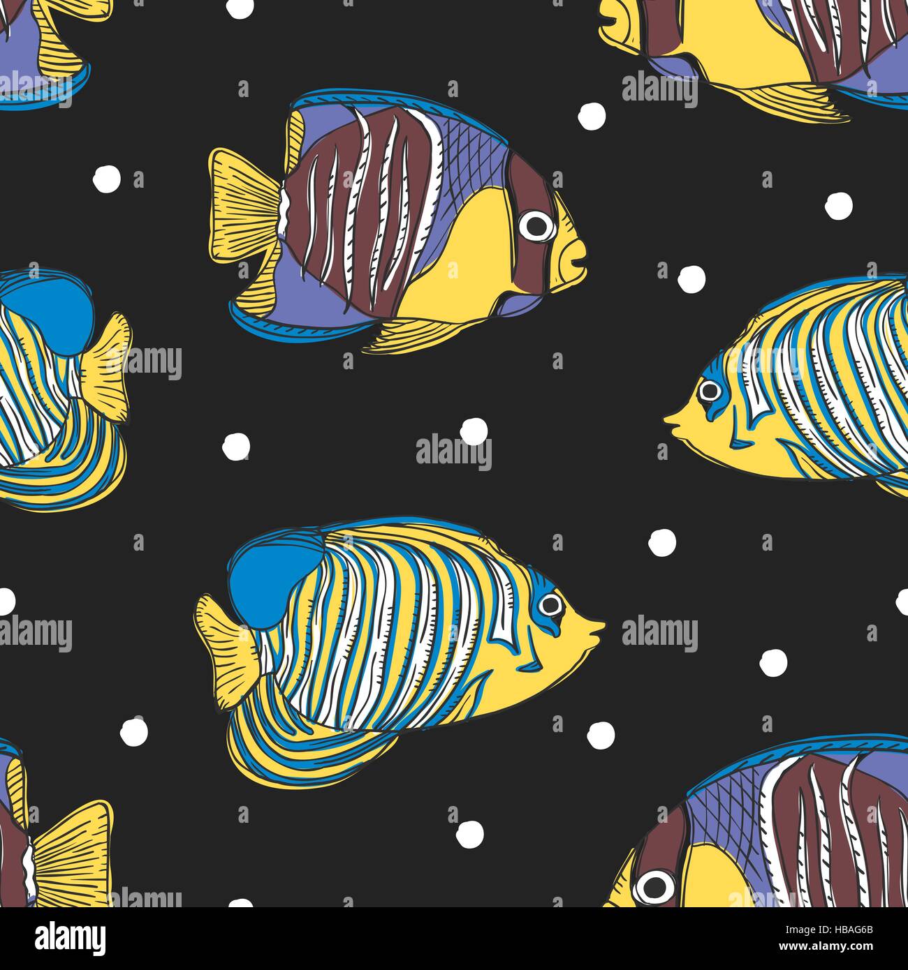 vivid colorful hand drawn tropical fish seamless background Stock ...