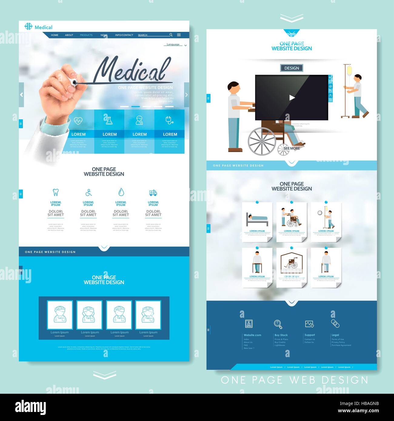 medical one page website design template in blue and white Stock Vector