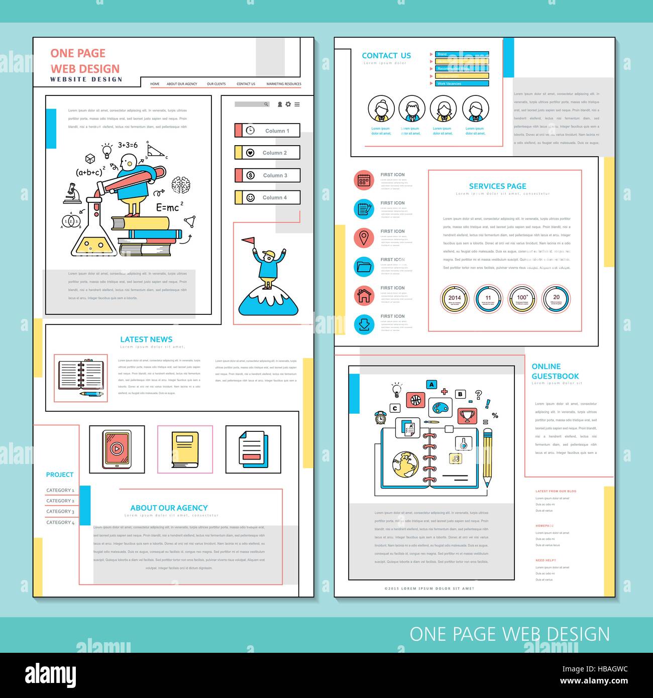 One Page Learning Overview learning concept one page website design template in flat style Stock ...