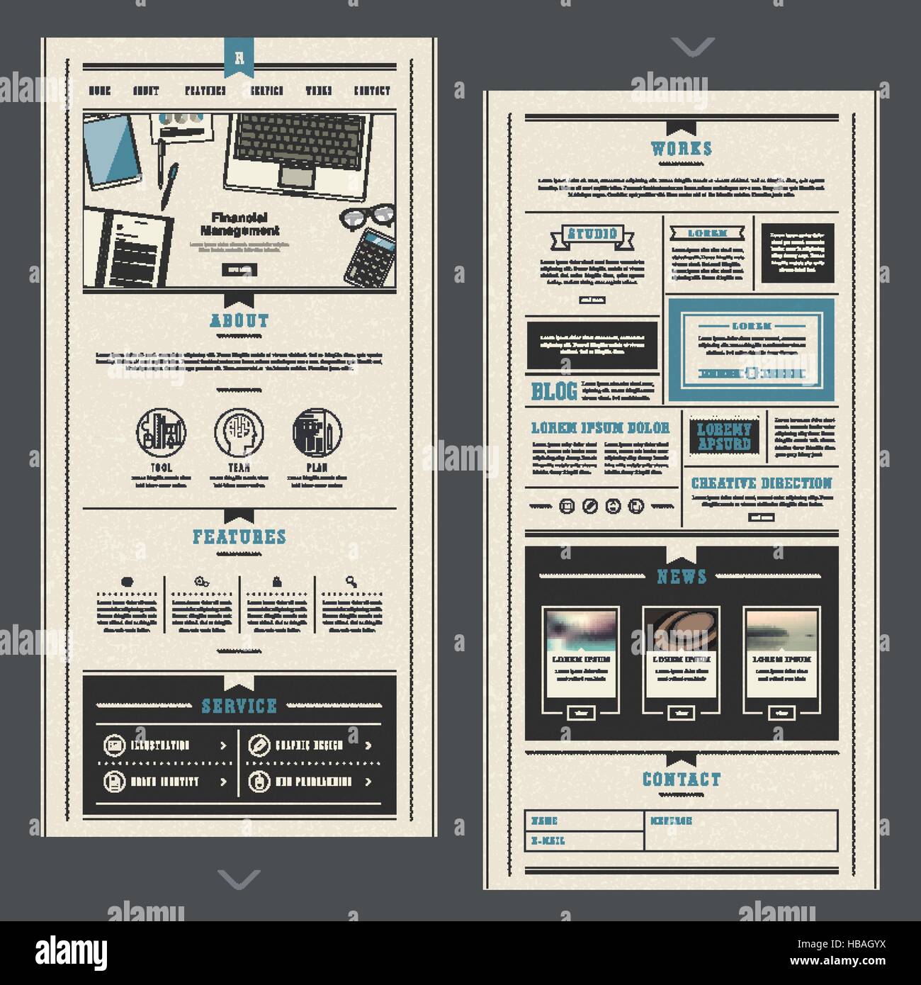 retro and elegant one page website design template in flat style Stock