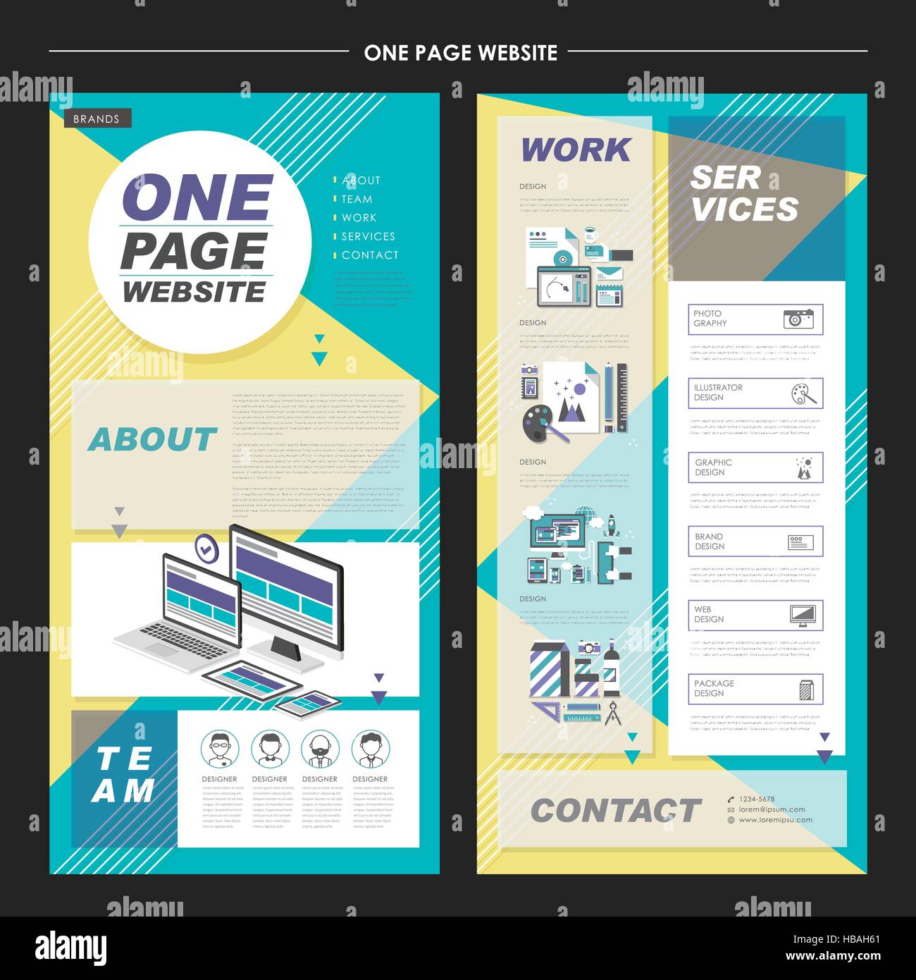 lovely one page website template design in blue and yellow Stock Vector