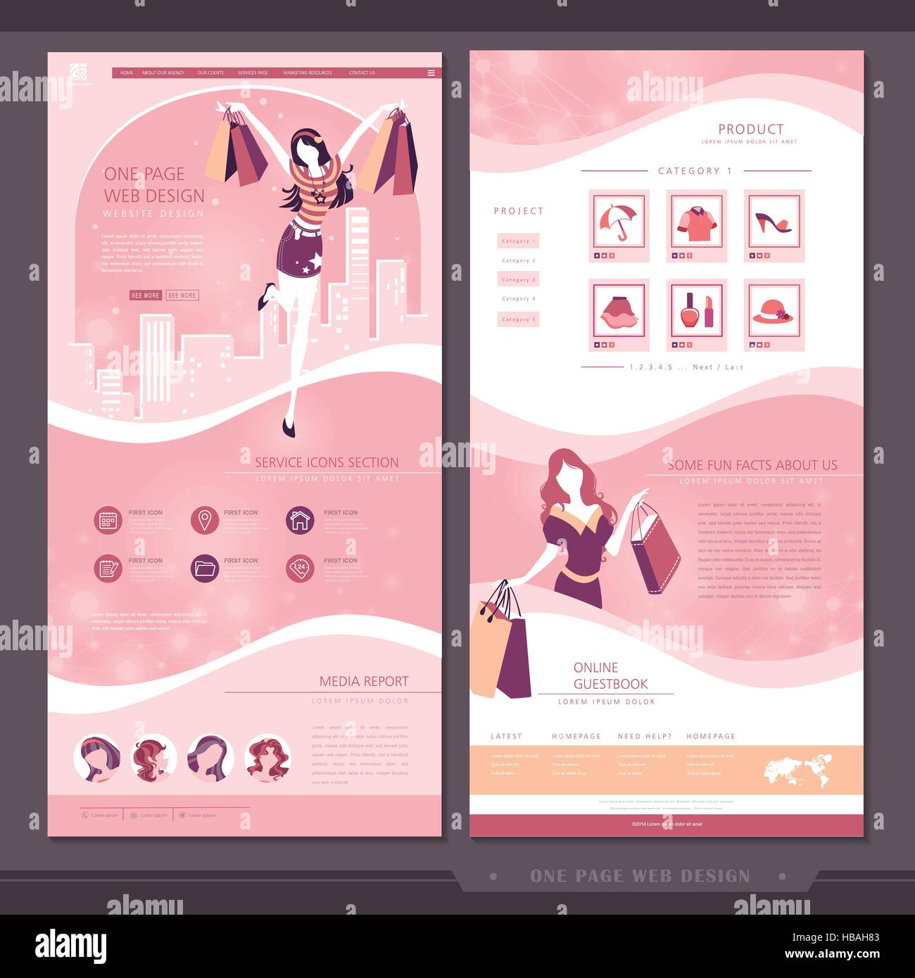 shopping concept one page website template design with women carrying