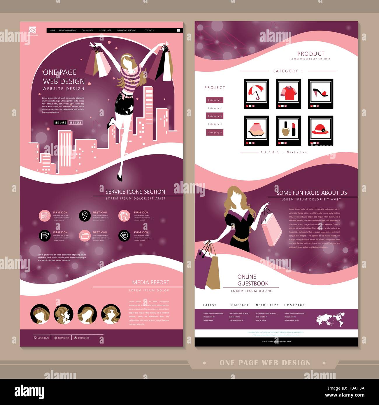 shopping concept one page website template design with women carrying