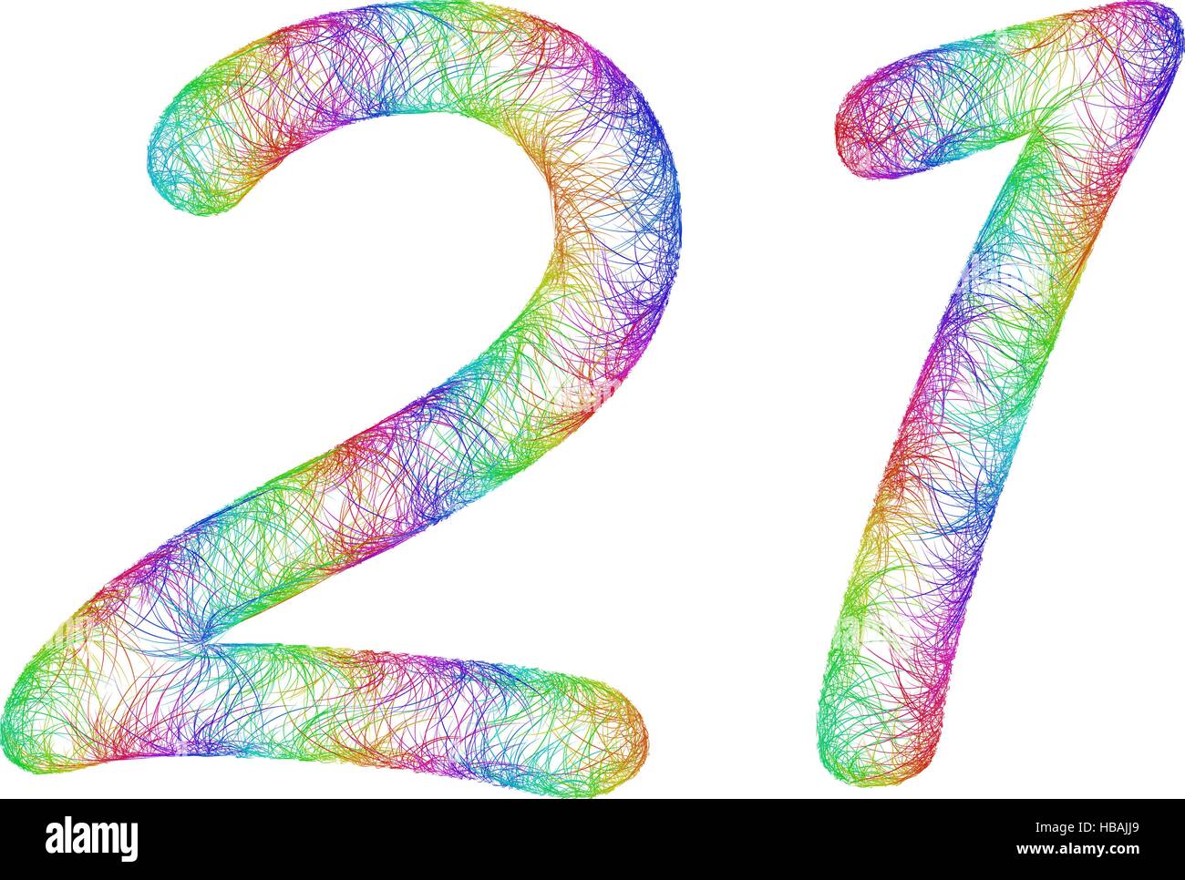 21 years anniversary - rainbow sketch font design from colorful curved lines - number twenty-one Stock Vector