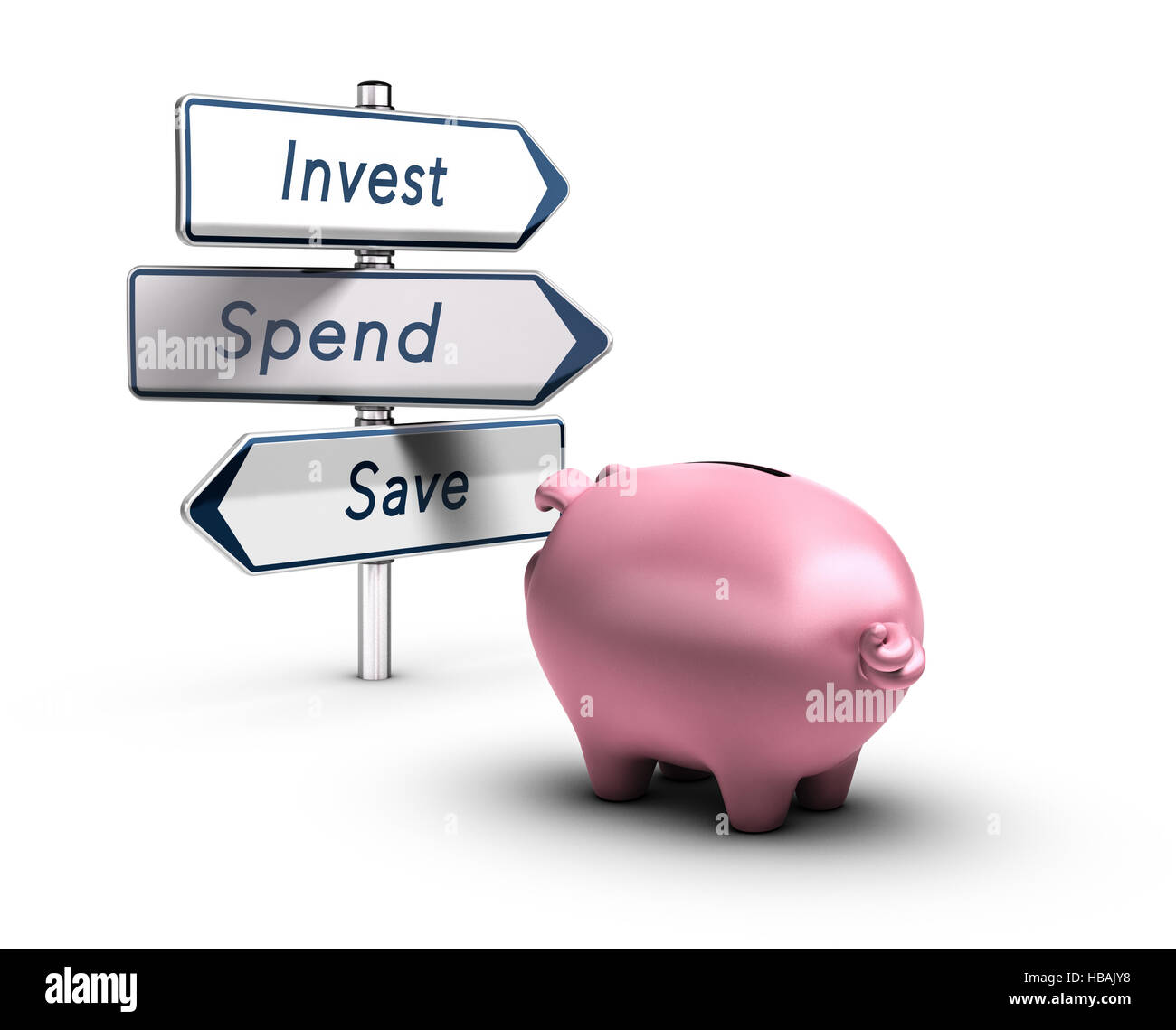 3D illustration of a piggy bank looking at road signs with the words invest, spend or save, Financial concept over white background Stock Photo