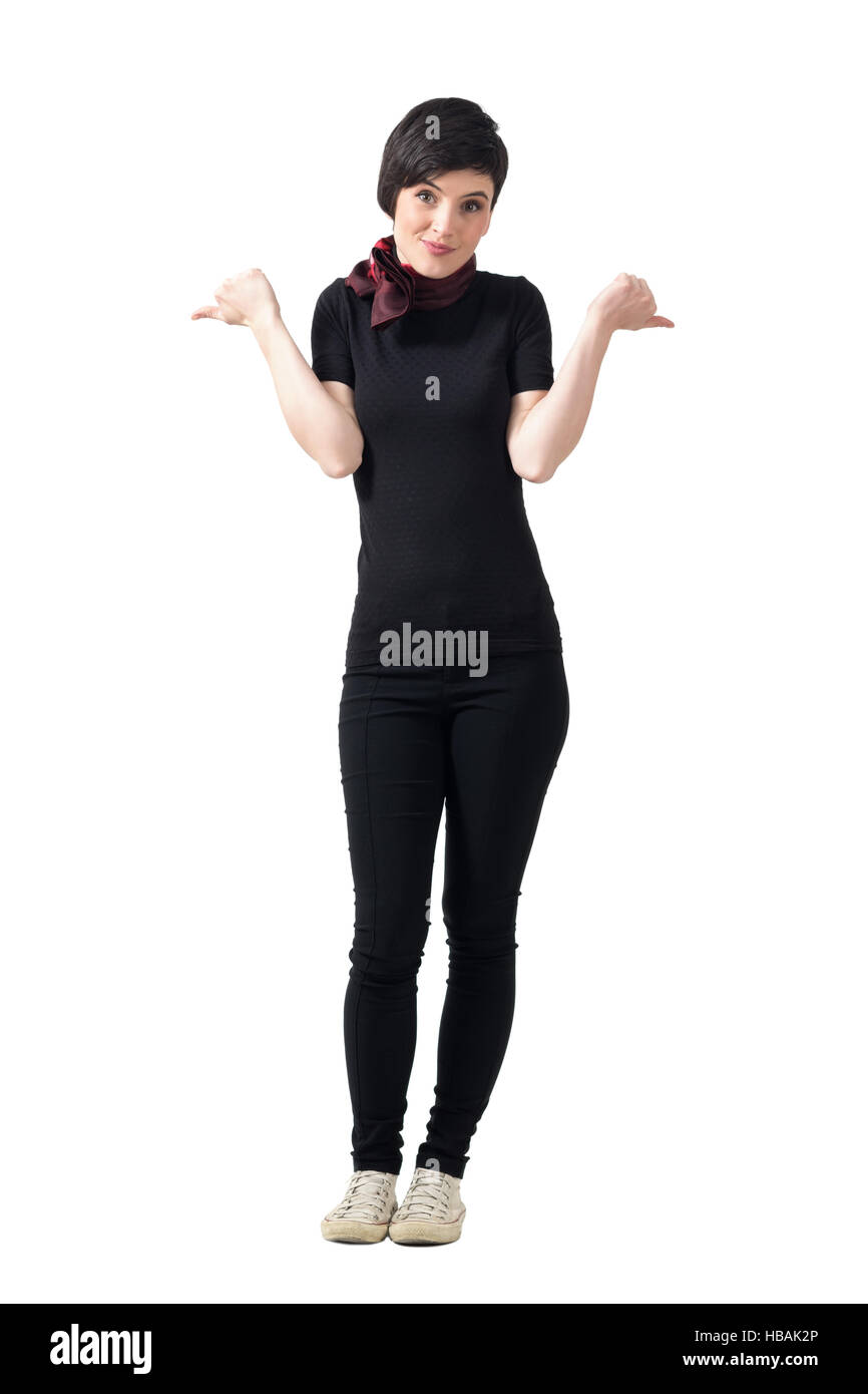 Confused Young Short Hair Woman Hesitate To Show Thumbs Up Or