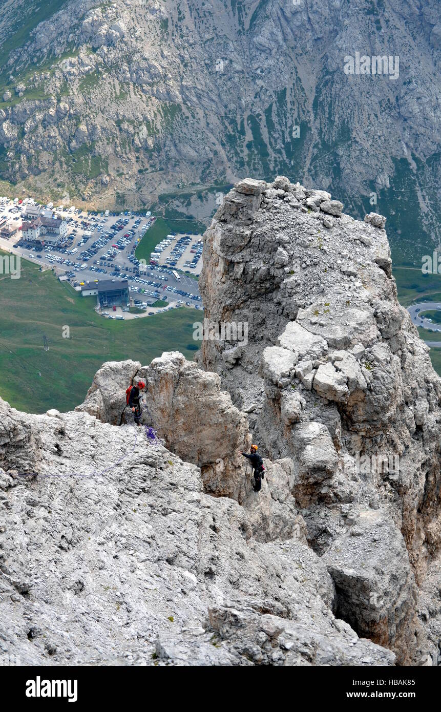 Rock climbing in dolomites mountains in Italy Stock Photo